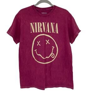Officially Licensed Nirvana Nevermind Smiley Grunge Tee Magenta Acid Wash Medium
